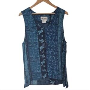 Karin Stevens Vintage Blue Batik Print Sleeveless Blouse Sz 18 Indie Boho Hippie